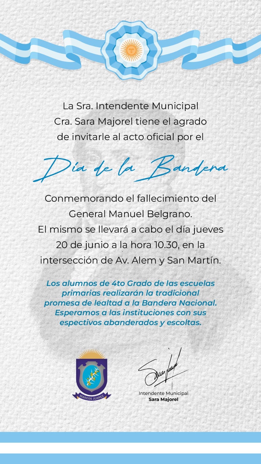El acto central del día de la bandera será el próximo jueves 20 a las 10.30 horas en Alem y San Martín