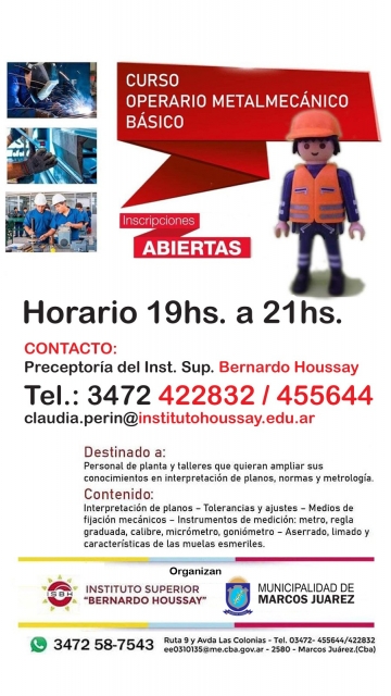 Comenzó la preinscripción al curso de operario metalmecánico en Marcos Juárez